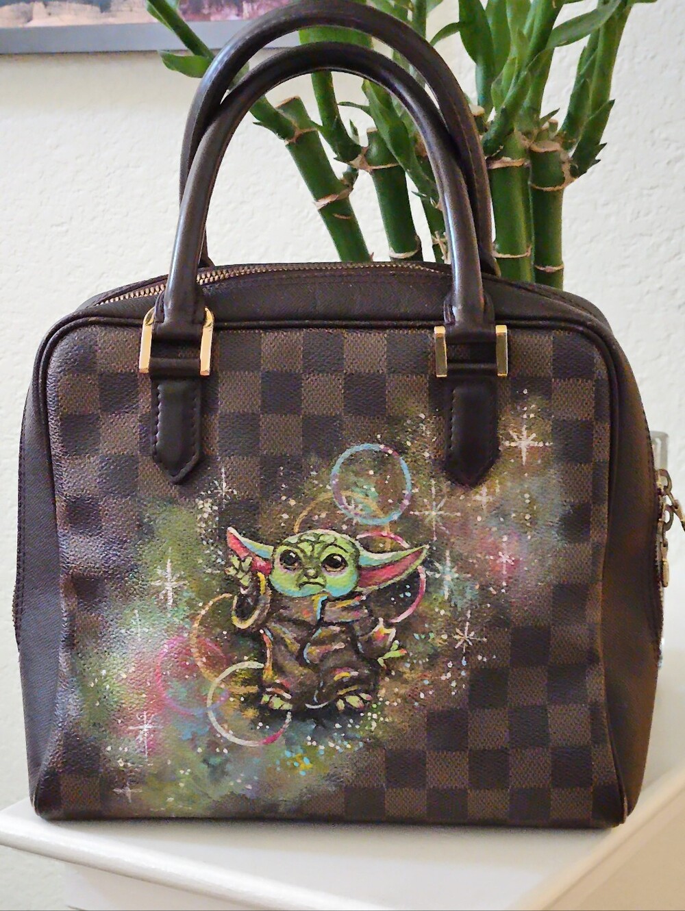 LOUIS VUITTON Damier Ebene Brera Customized Painted Baby Yoda Image